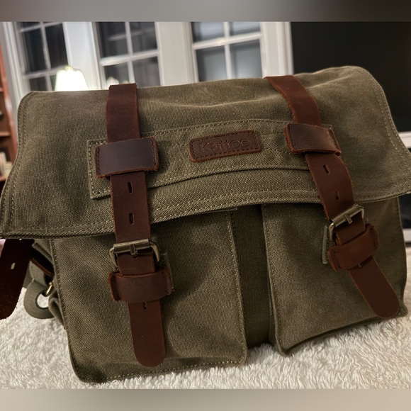 Military Green Canvas Crossbody Bag with Brown Leather Straps - Picture 2 of 11